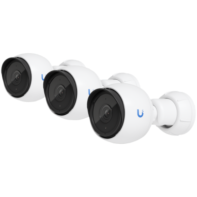 UBIQUITI G4 Bullet 3-pack;  2K (4MP) video resolution; Flexible 3-axis adjust mount; 9 m (30 ft) IR night vision; AI event detections; Record audio with an integrated microphone; Connect and power using PoE; Ruggedized metal enclosure; Weatherproof (outdo