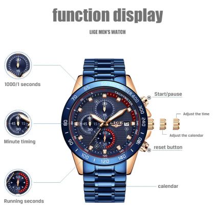 Мъжки часовник Lige Watch, Японски механизъм, Стоманен, Бизнес-ежедневен, Хронограф, Водоустойчив 3 Atm
