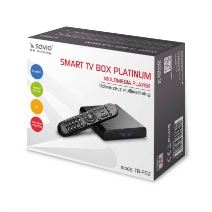 Мултимедиен плеър SAVIO Smart TV Box Platinum, 4/32 GB Android 9.0 Pie, HDMI v 2.1, 8K, BT, Dual WiFi, 1000mbps, USB 3.0