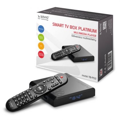 Мултимедиен плеър SAVIO Smart TV Box Platinum, 4/32 GB Android 9.0 Pie, HDMI v 2.1, 8K, BT, Dual WiFi, 1000mbps, USB 3.0