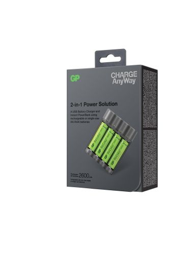 Battery Charger  + power bank 2 IN 1 Charge Anyway  X411 + 4 rechargeable batteries R6 AA 2600mA  GP