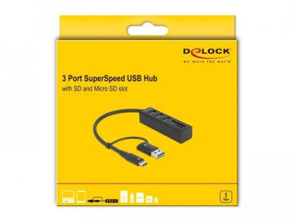 Delock 3 Port USB 3.2 Gen 1 Hub + SD and Micro SD Card Reader with USB Type-C™ or USB Type-A connector
