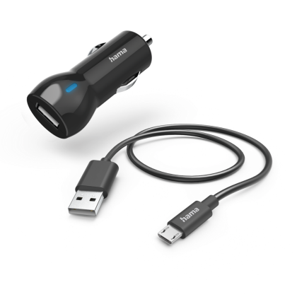 Hama Car Charger with Micro-USB Charging Cable, 12 W, 1.0 m, black