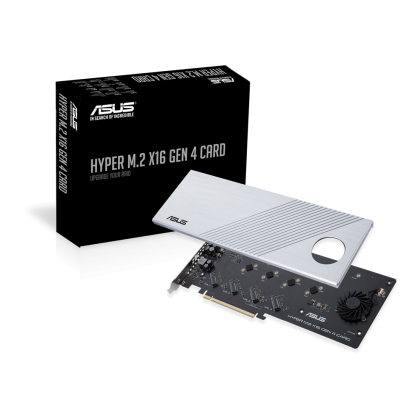 ASUS Hyper M.2 x16 Gen 4 Card (PCIe 4.0/3.0) supports four NVMe M.2 (2242/2260/2280/22110) devices up to 256 Gbps