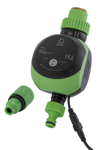 Интелигентен воден контролер DELTACO SMART HOME, WiFi 2,4GHz, IP67, 9V, таймер, 2-8 бара, Черен / Зелен