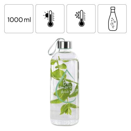 Xavax To Go Glass Bottle, 1l, with Protective Sleeve, Loop, for Carbonated & Hot/Cold