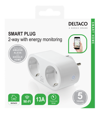 DELTACO SMART HOME power switch, WiFi 2.4GHz, energy monitoring, 2xCEE 7/3, 13A, timer, white