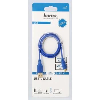 Кабел Hama Flexi-Slim USB-C - USB-A 2.0 мъжко, 0.75м,тънък, позлатен, син