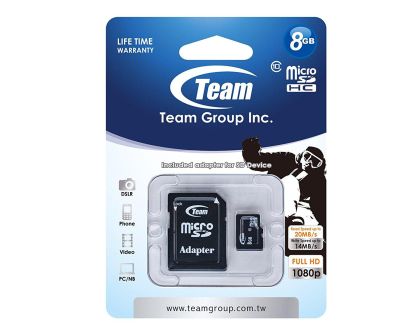 Карта памет TEAM micro SDHC, 8GB, Class 10 с SD адаптер