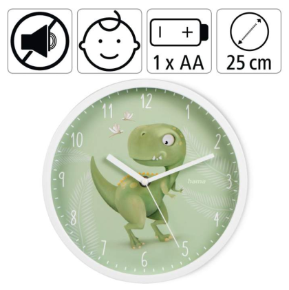 Hama "Happy Dino" Children's Wall Clock, Diameter 25 cm, Low-Noise