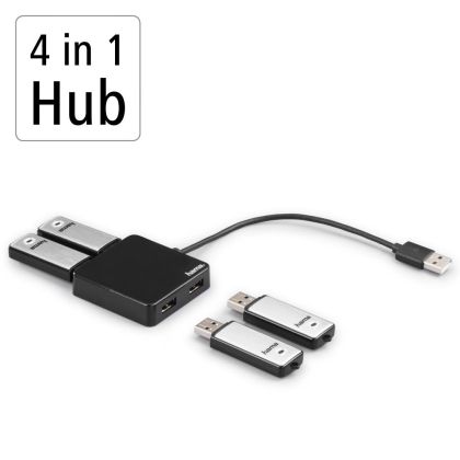 Hama USB Hub, 4 Ports, USB 2.0, 480 Mbit/s, Black