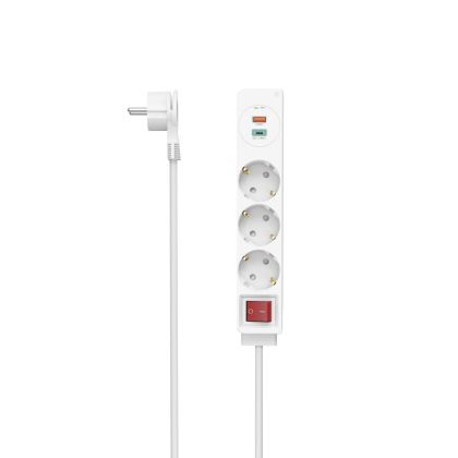 Hama Power Strip, 3-Way, USB-C/A 18 W, PD/QC™, Switch, Flat Plug, 1.4 m, wht