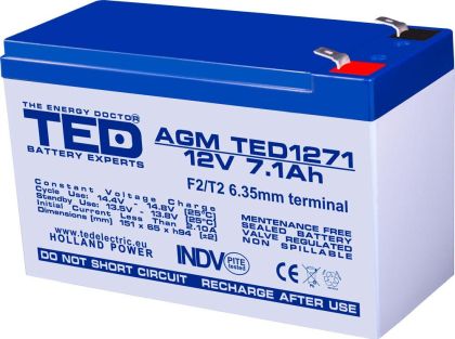 Lead Battery AGM  12V / 7Ah - 151 / 65 / 94 mm T2  TED ELECTRIC