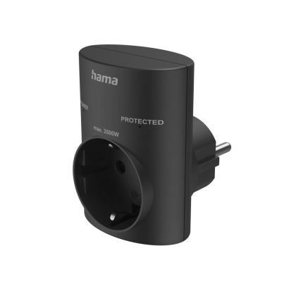 Hama Socket Adapter, Earthed Contact, Overvoltage Protection, Mains Voltage, black