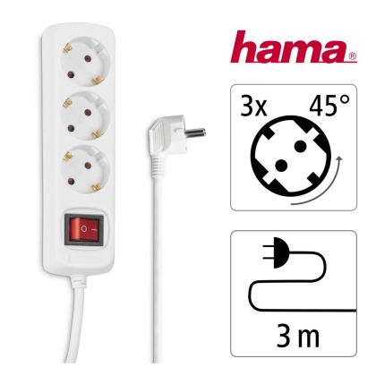 Разклонител  HAMA 30535  3гнезда, 3м,бял с бутон вкл/изкл, защита срещу деца
