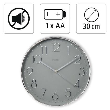 Hama "Elegance" Wall Clock, Diameter 30 cm, Quiet, silver/grey 