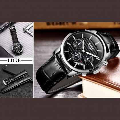 Мъжки часовник Lige Watch, Японски механизъм, Стоманен корпус, Бизнес-елегантен, Хронограф, Водоустойчив 3 Atm