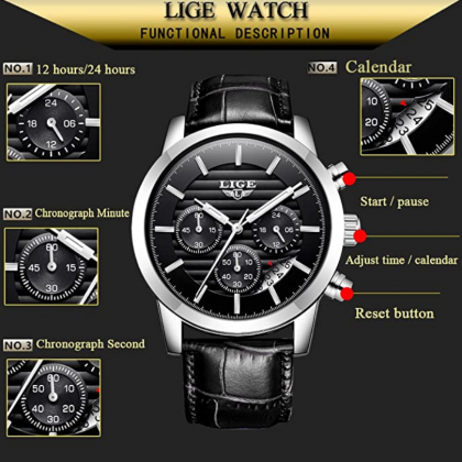 Мъжки часовник Lige Watch, Японски механизъм, Стоманен корпус, Бизнес-елегантен, Хронограф, Водоустойчив 3 Atm