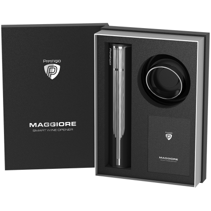 Prestigio Maggiore, smart wine opener, 100% automatic, opens up to 70 bottles without recharging, foil cutter included, premium design, 480mAh battery, Dimensions D 48*H228mm, black + silver color.