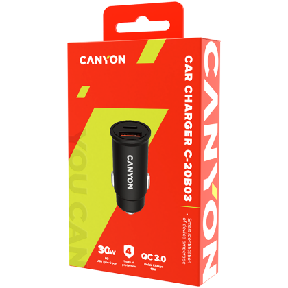 CANYON С-20B03, PD 30W/QC3.0 18W Pocket size car charger with 1-USB A+ 1-USB-C Input: DC12V-24V, Output: USBC: PD30W( 5V3A/9V3A/12V2.5A/15V2A/20V1.5A),USB-A:QC3.0 18W (5V3A