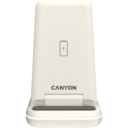 CANYON WS-304,  Foldable  3in1 Wireless charger, with touch button for Running water light, Input 9V/2A,  12V/1.5AOutput 15W/10W/7.5W/5W, Type c to USB-A cable length 1.2m, with QC18W EU plug,132.51*75*28.58mm, 0.168Kg, Cosmic Latte