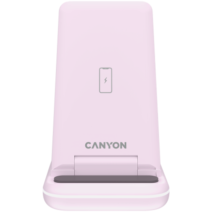 CANYON WS-304,  Foldable  3in1 Wireless charger, with touch button for Running water light, Input 9V/2A,  12V/1.5AOutput 15W/10W/7.5W/5W, Type c to USB-A cable length 1.2m, with QC18W EU plug,132.51*75*28.58mm, 0.168Kg, Iced Pink