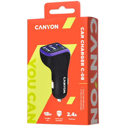 CANYON C-08, Universal 3xUSB car adapter, Input 12V-24V, Output DC USB-A 5V/2.4A(Max) + Type-C PD 18W, with Smart IC, Black+Purple with rubber coating, 71*39*26.2mm, 0.028kg