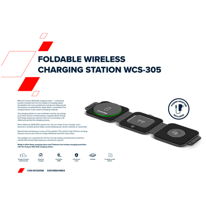 CANYON WS-305, Foldable 3in1 Wireless charger with case, touch button for Running water light, Input 9V/2A,  12V/1.5AOutput 15W/10W/7.5W/5W, Type c to USB-A cable length 1.2m, with charger QC 18W EU plug, Fold size: 97.8*72.4*25.2mm. Unfold size: 272