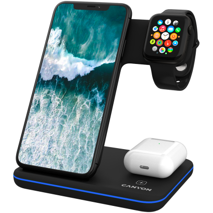 CANYON WS-303, 3in1 Wireless charger, with touch button for Running water light, Input 9V/2A, 12V/2A, Output 15W/10W/7.5W/5W, Type c to USB-A cable length 1.2m, 137*103*140mm, 0.195Kg, Black