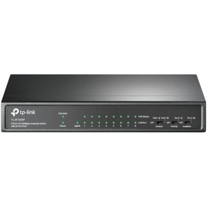 9-port 10/100Mbps unmanaged switch with 8 PoE+ ports, compliant with 802.3af/at PoE, 65W PoE budget, support 250m Extend Mode, Priority mode and Isolation mode, desktop mount, plug and play.