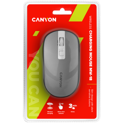 CANYON MW-18, 2.4GHz Wireless Rechargeable Mouse with Pixart sensor, 4keys, Silent switch for right/left keys,Add NTC DPI: 800/1200/1600, Max. usage 50 hours for one time full charged, 300mAh Li-poly battery, Dark grey, cable length 0.6m, 116.4*63.3*32.3m