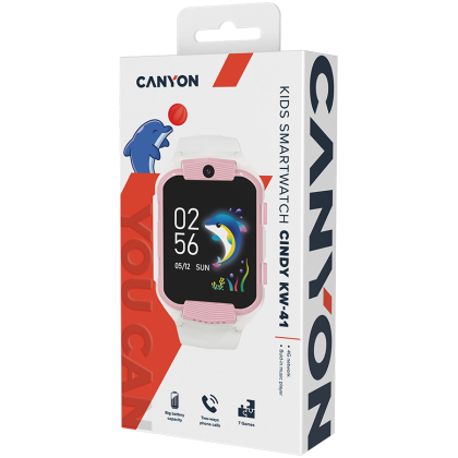 CANYON Cindy KW-41, 1.69''IPS 240*280, ASR3603C, Nano SIM, 192+128MB, GSM(B3/B8), LTE(B1.2.3.5.7.8.20) 680mAh battery, built in TF card: 512MB, MP3 Audio Player, 7 Games, Camera, IP67, host: 53.3*42.3*14.5mm strap: 230*20mm, 36g, White/Pink
