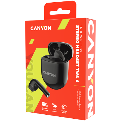 CANYON TWS-6, Bluetooth headset, with microphone, BT V5.3 JL 6976D4, Frequence Response:20Hz-20kHz, battery EarBud 30mAh*2+Charging Case 400mAh, type-C cable length 0.24m, Size: 64*48*26mm, 0.040kg, Black