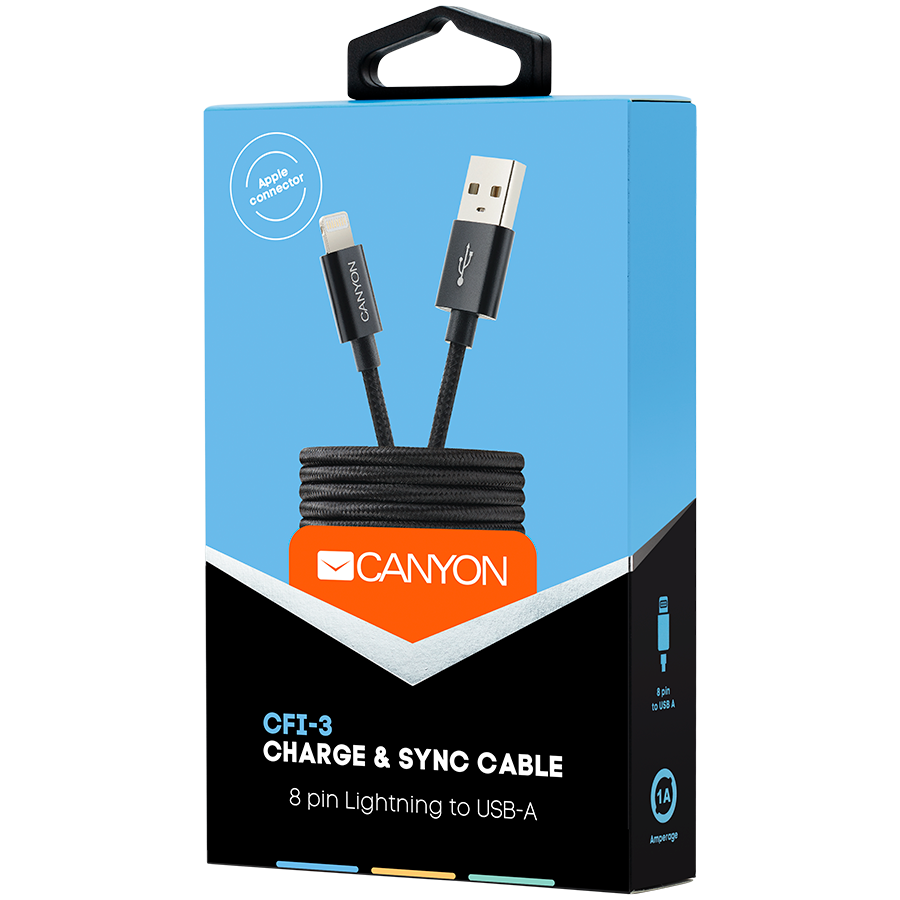 CFI-3, Lightning USB Cable for Apple, braided, metallic shell, cable length 1m, Black, 14.9*6.8*1000mm, 0.02kg (CNE-CFI3B)