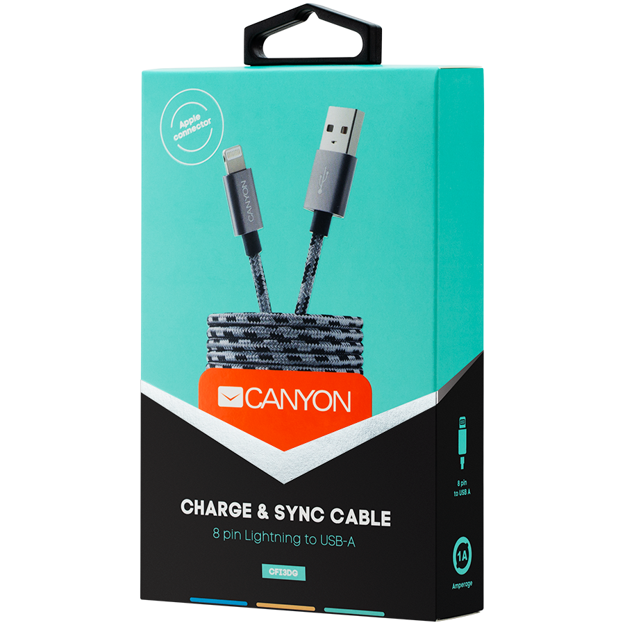 Lightning USB Cable for Apple, braided, metallic shell, 1M, Dark gray (CNE-CFI3DG)