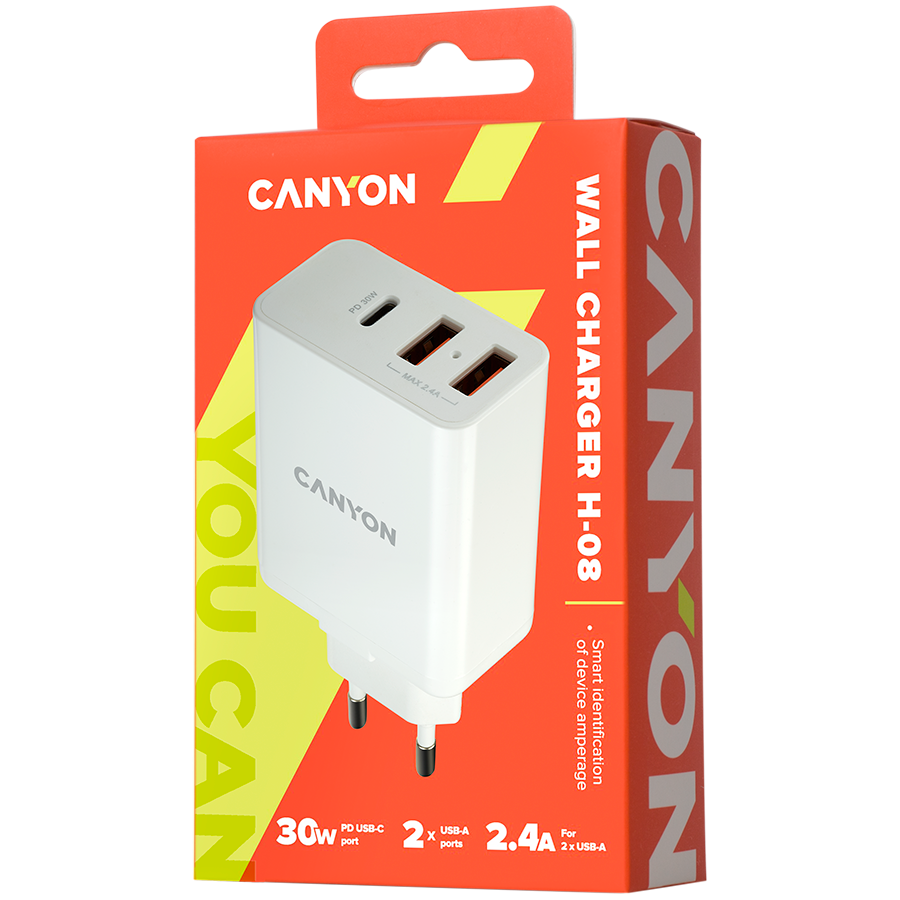 H-08, Universal 3xUSB AC charger (in wall) with over-voltage protection(1 USB-C with PD Quick Charger), Input 100V-240V, OutputUSB-A/5V-2.4A+USB-C/PD30W, with Smart IC, White Glossy Color+ orange plastic part of USB, 96.8*52.48*28.5mm, 0.092kg (CNE