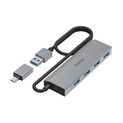 HAMA 4-портов хъб, USB 3.2 Gen 1, 5 Gbit/s, вкл. USB-C адаптер, авт. захранване