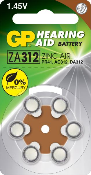 Батерия цинково въздушна GP ZA312 6 бр. бутонни за слухов апарат в блистер