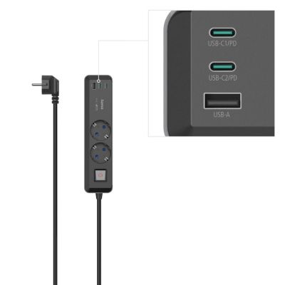 Hama Power Strip, 2-Way, USB-C/A 65 W, PD, Switch, 1.4 m, black/grey
