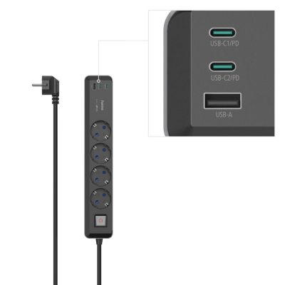 Hama Power Strip, 4-Way, USB-C/A 65 W, PD, Switch, 1.4 m, black/grey