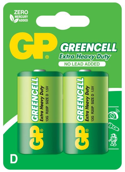 Цинк карбонова батерия GP R20, Greencell 13G-U2, 2 бр. в опаковка, blister, 1.5V