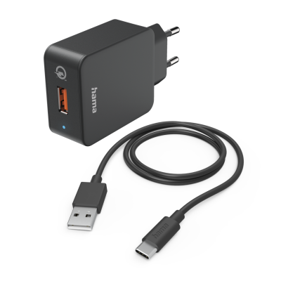 Hama Fast Charger with USB-C Charging Cable, Qualcomm®, 19.5 W, 1.5 m, black