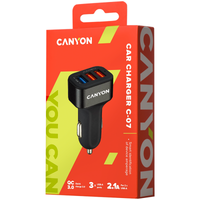 CANYON C-07, Universal 3xUSB car adapter(1 USB with Quick Charger QC3.0),Input 12-24V,Output USB/5V-2.1A+QC3.0/5V-2.4A&9V-2A&12V-1.5A,with Smart IC,black rubber coating+black metal ring+QC3.0 port with blue/other ports in orange,66*35.2*25.1mm,0.025