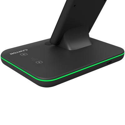 CANYON WS-303, 3in1 Wireless charger, with touch button for Running water light, Input 9V/2A, 12V/2A, Output 15W/10W/7.5W/5W, Type c to USB-A cable length 1.2m, 137*103*140mm, 0.195Kg, Black