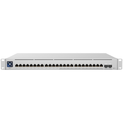 UBIQUITI Enterprise 24 PoE; (12) 2.5 GbE, (12) GbE; all PoE+ ports; (2) 10G SFP+ ports; 400W total PoE availability; DC power backup-ready; Layer 3 switching.