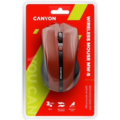 CANYON MW-5, 2.4GHz wireless Optical Mouse with 4 buttons, DPI 800/1200/1600, Red, 122*69*40mm, 0.067kg
