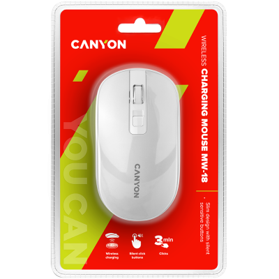 CANYON MW-18, 2.4GHz Wireless Rechargeable Mouse with Pixart sensor, 4keys, Silent switch for right/left keys,Add NTC DPI: 800/1200/1600, Max. usage 50 hours for one time full charged, 300mAh Li-poly battery, Pearl-White, cable length 0.6m, 116.4*63.3*32.