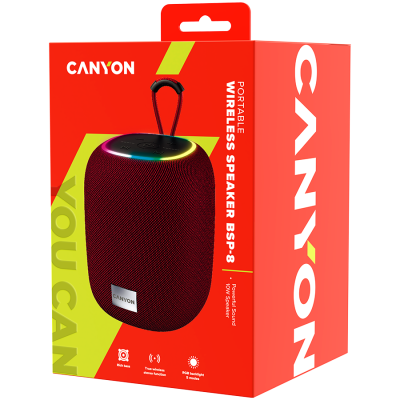 CANYON BSP-8, Bluetooth Speaker, BT V5.2, BLUETRUM AB5362B, TF card support, Type-C USB port, 1800mAh polymer battery, Max Power 10W, Red, cable length 0.50m, 110*110*135mm, 0.57kg