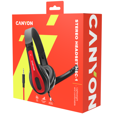 CANYON HSC-1, basic PC headset with microphone, combined 3.5mm plug, leather pads, Flat cable length 2.0m, 160*60*160mm, 0.13kg, Black-red