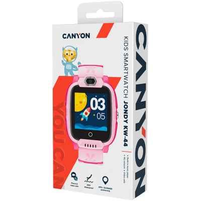 CANYON Jondy KW-44, 1.44''IPS 240*240, ASR3603S, Nano SIM, 192+128MB+512MB TF Card, GSM(B3/B8), LTE(B1.2.3.5.7.8.20) 700mAh battery, GPS+Glonas, Canyon Life APP, MP3 Audio Player, 7 Games, Camera, IP67, host:53.3*43.5*16mm strap:230*20mm, 48g, Pink